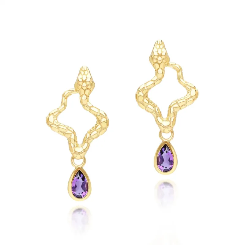 ECFEW™ Amethyst Snake Drop Earrings in Gold Plated Sterling Silver sold by Gemondo Jewellery