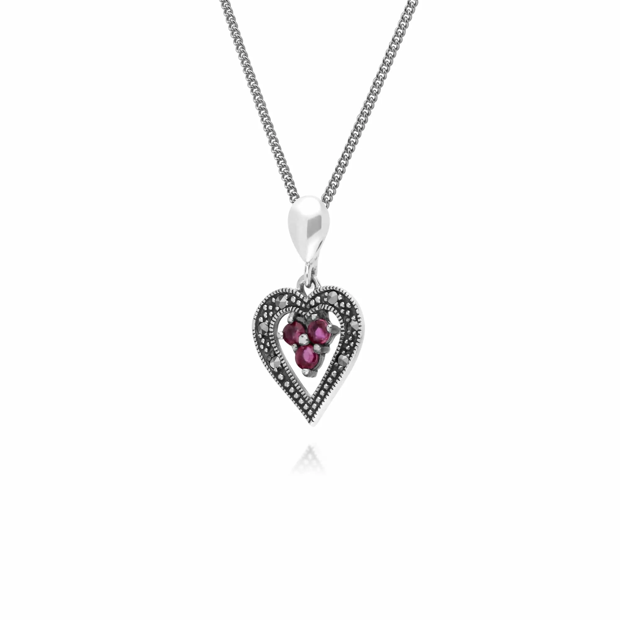 Art Deco Style Round Ruby & Marcasite Heart Pendant in 925 Sterling Silver sold by Gemondo Jewellery product image thumbnail 2