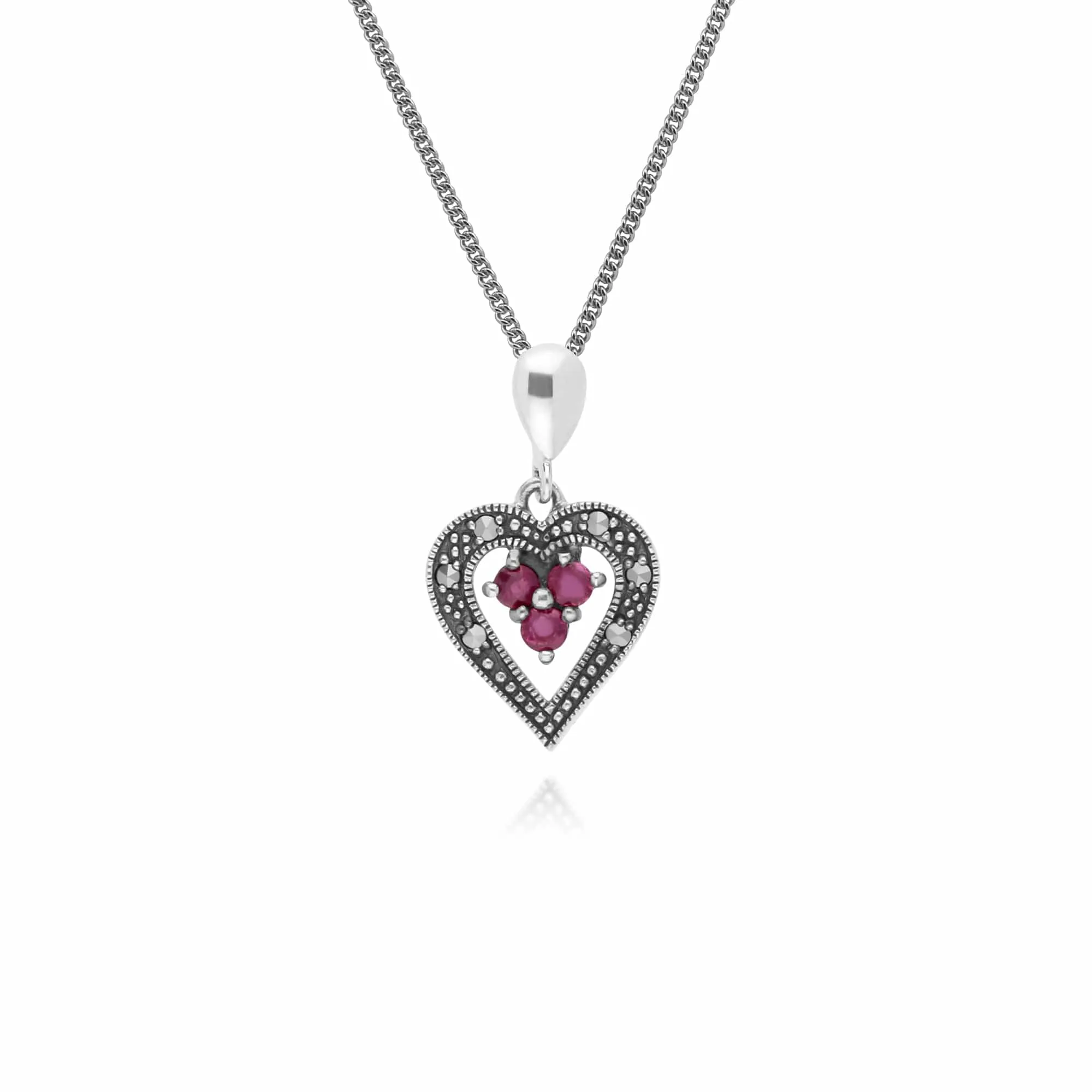 Art Deco Style Round Ruby & Marcasite Heart Pendant in 925 Sterling Silver sold by Gemondo Jewellery