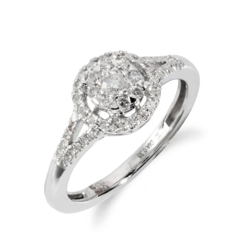 Classic Round Diamond Split Shank Halo Cluster Ring in 18ct White Gold made by Gemondo Jewellery