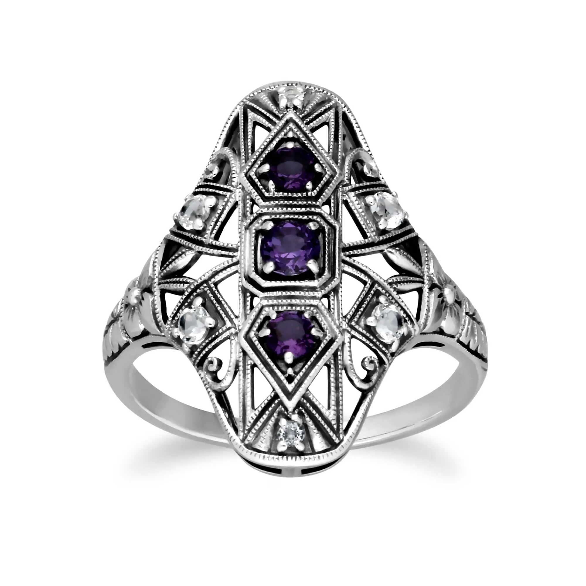 Art Nouveau Style Round Amethyst & White Topaz Statement Ring in 925 Sterling Silver sold by Gemondo Jewellery