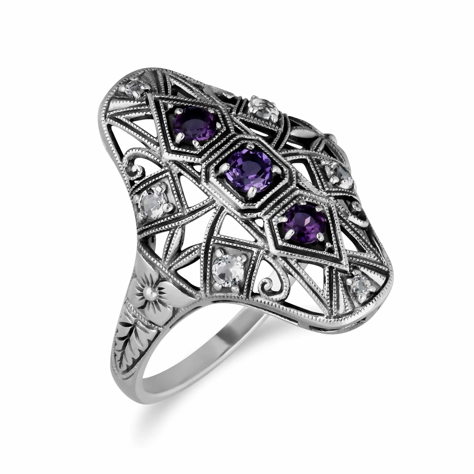 Art Nouveau Style Round Amethyst & White Topaz Statement Ring in 925 Sterling Silver sold by Gemondo Jewellery product image thumbnail 2