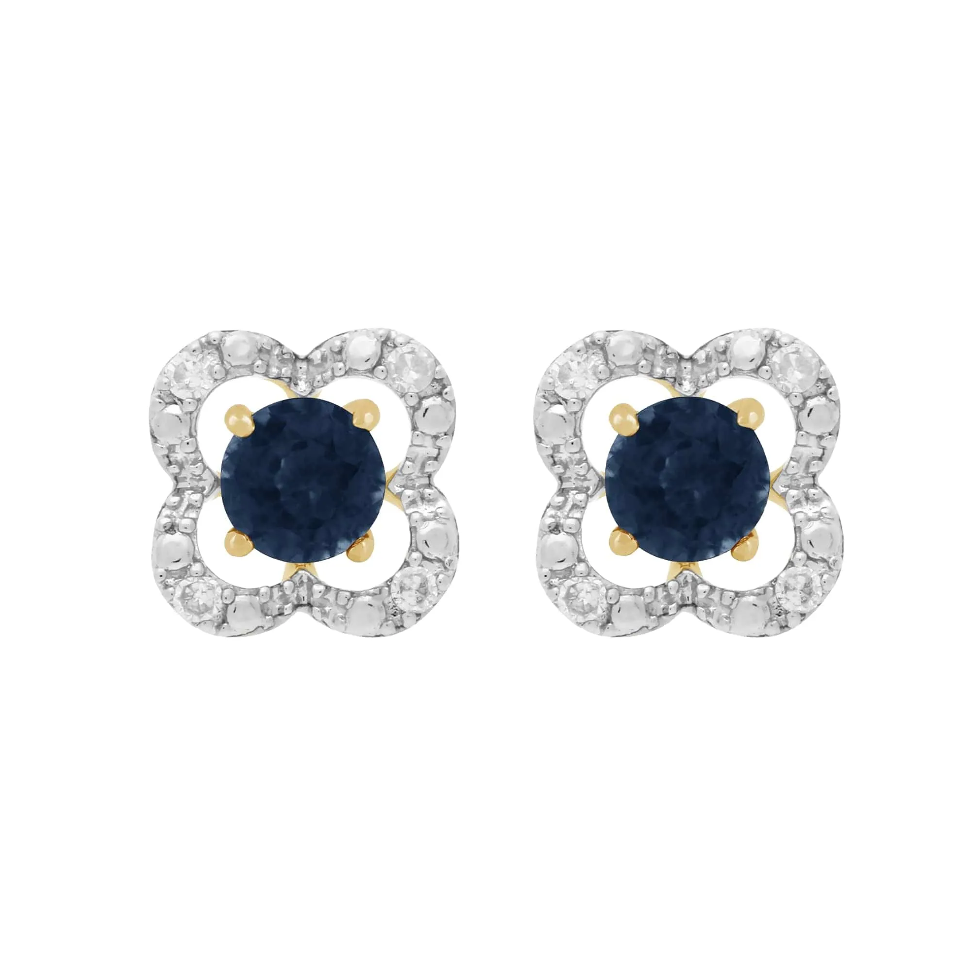 Classic Round Blue Sapphire Studs with Detachable Diamond Floral Ear Jacket in 9ct Yellow Gold sold by Gemondo Jewellery