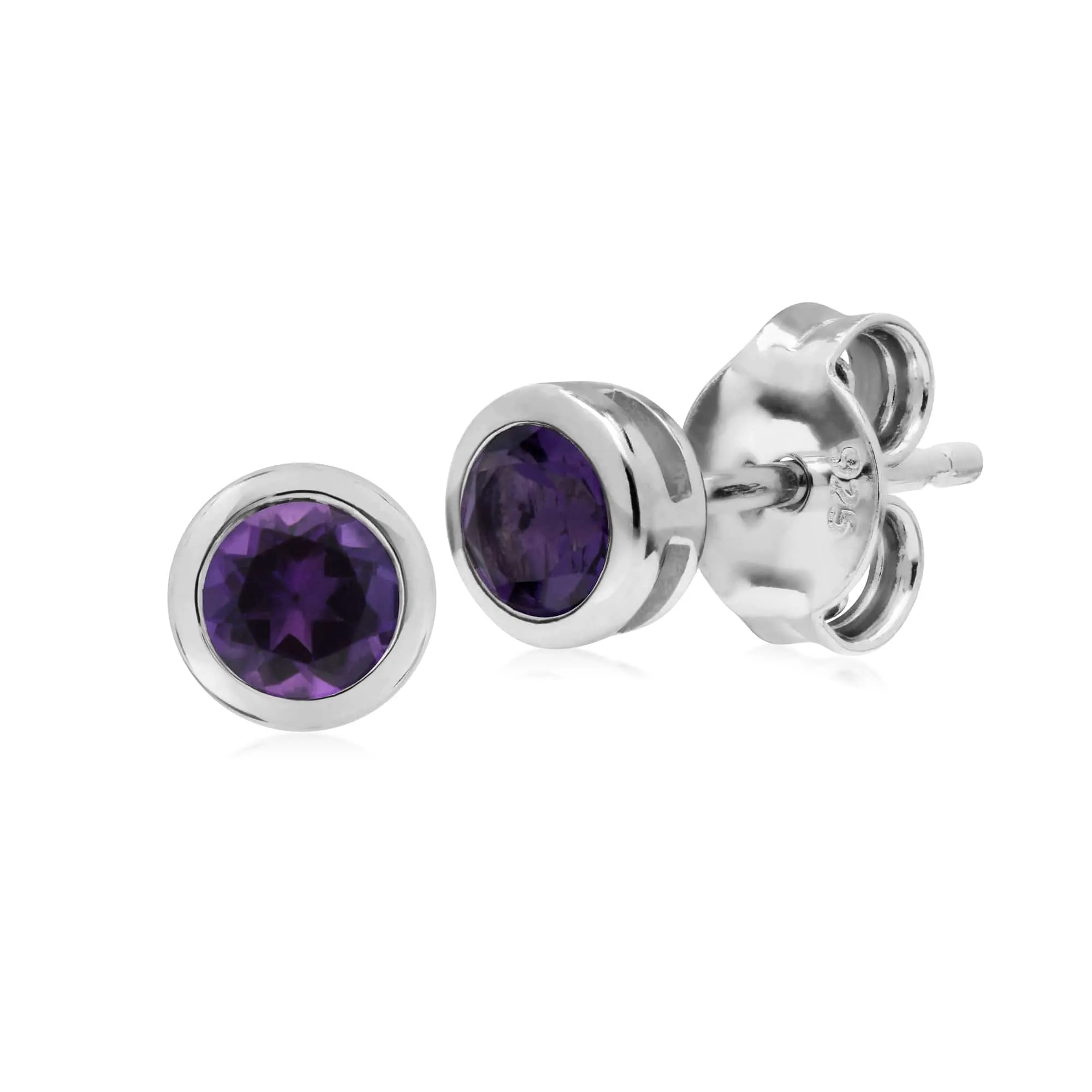 Classic Round Amethyst Bezel Stud Earrings in Sterling Silver sold by Gemondo Jewellery