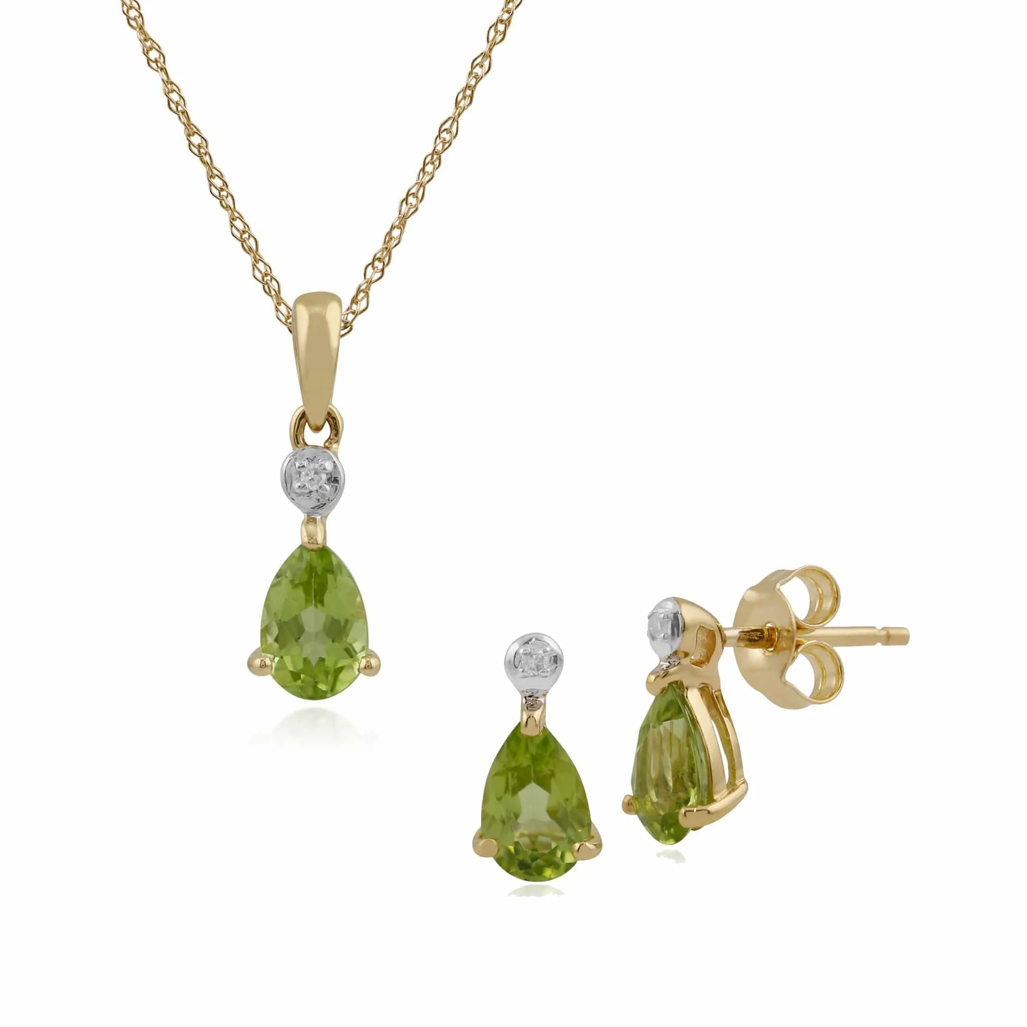 Classic Pear Peridot & Diamond Stud Earrings & Pendant Set in 9ct Yellow Gold sold by Gemondo Jewellery