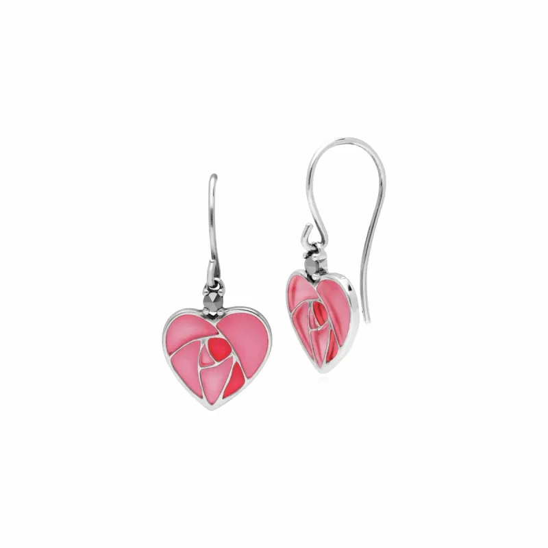 Rennie Mackintosh Round Marcasite & Enamel Rose Heart Drop Earrings in 925 Sterling Silver sold by Gemondo Jewellery