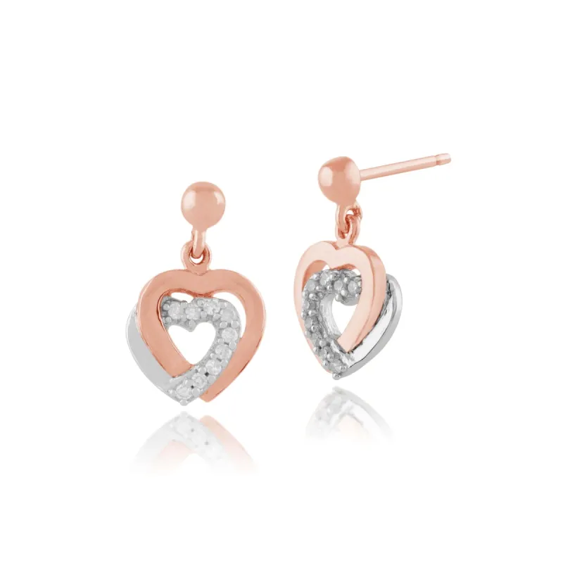 Classic Round Diamond Heart Drop Earrings in 9ct Rose Gold sold by Gemondo Jewellery