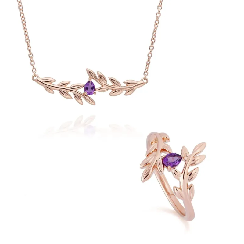 O Leaf Amethyst Necklace & Ring Set in 9ct Rose Gold sold by Gemondo Jewellery
