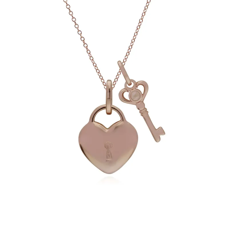 Classic Heart Lock Pendant & Rainbow Moonstone Key Charm in Rose Gold Plated 925 Sterling Silver sold by Gemondo Jewellery