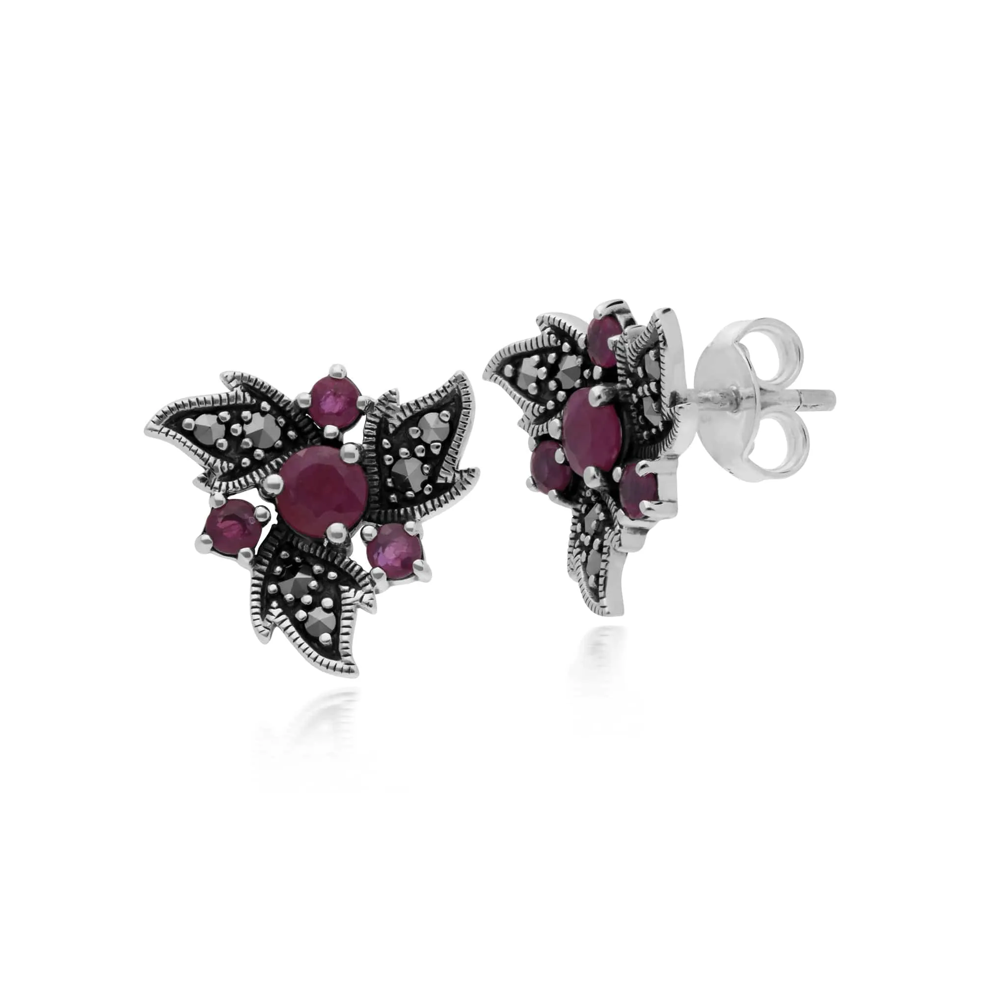 Gemondo Sterling Silver Ruby & Marcasite Art Nouveau Floral Earrings sold by Gemondo Jewellery