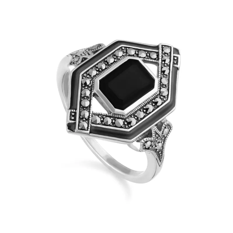 Art Deco Inspired Spinel, Enamel & Marcasite Rhombus Ring In Sterling Silver sold by Gemondo Jewellery