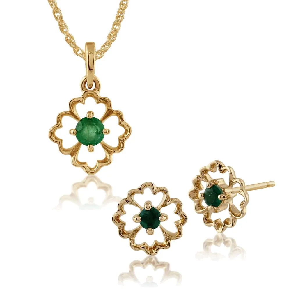 Floral Round Emerald Framed Stud Earrings & Pendant Set in 9ct Yellow Gold sold by Gemondo Jewellery