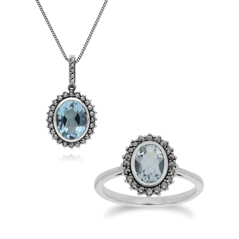Art Deco Style Oval Amethyst & Marcasite Halo Stud Pendant & Ring Set in 925 Sterling Silver sold by Gemondo Jewellery