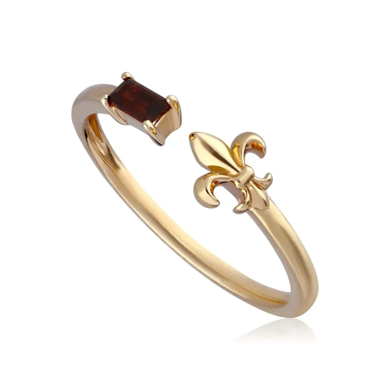 ECFEW™ Garnet Open Fleur De Lis Ring In 9ct Yellow Gold sold by Gemondo Jewellery