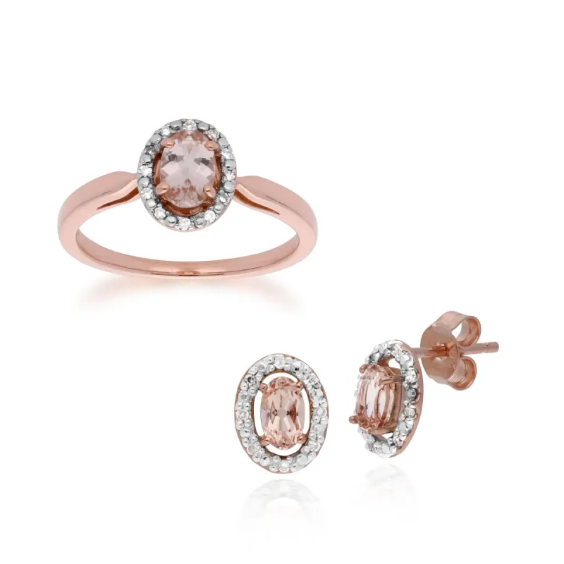 Classic Oval Morganite & Diamond Halo Stud Earrings & Solitaire Ring Set in 9ct Rose Gold sold by Gemondo Jewellery