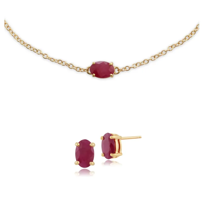 Classic Oval Ruby Single Stone Stud Earrings & Bracelet Set in 9ct Yellow Gold sold by Gemondo Jewellery