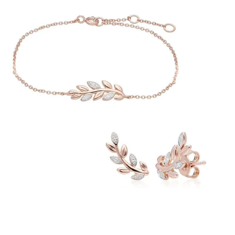 O Leaf Diamond Bracelet & Stud Stud Earring Set in 9ct Rose Gold sold by Gemondo Jewellery