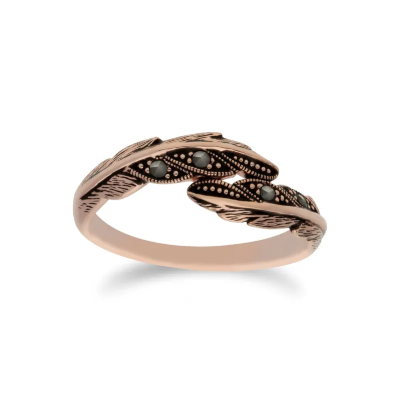 Rose Gold Plated Round Marcasite Feather Wrap Ring in 925 Sterling Silver sold by Gemondo Jewellery