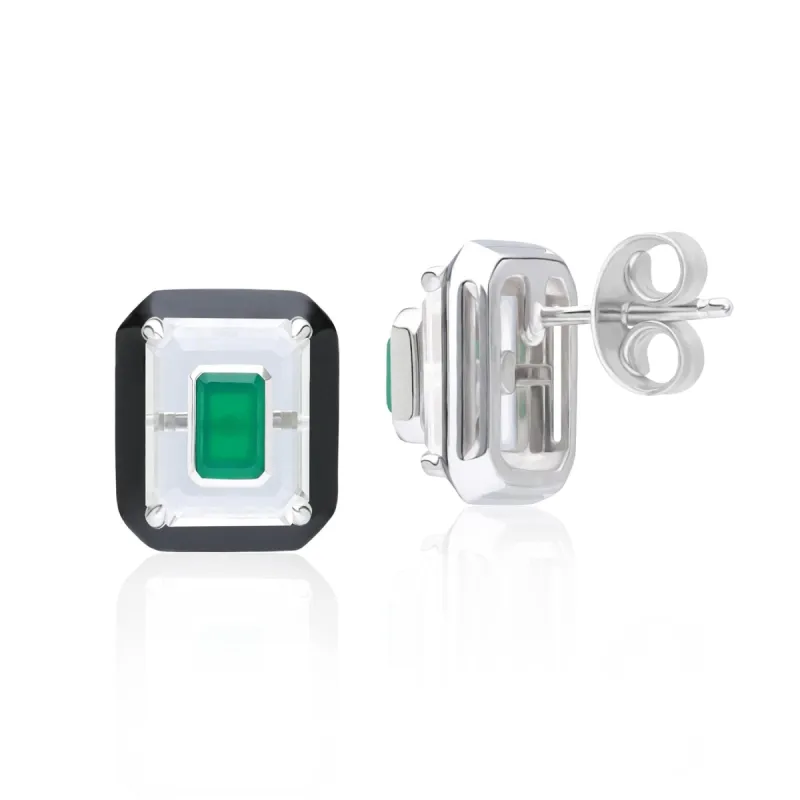 Grand Deco Rock Crystal, Chalcedony & Black Enamel Stud Earrings in Sterling Silver sold by Gemondo Jewellery