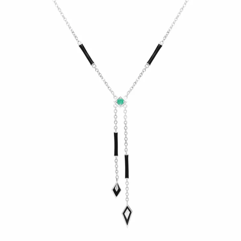 Grand Deco Enamel & Emerald Negligee Necklace in 9ct White Gold sold by Gemondo Jewellery