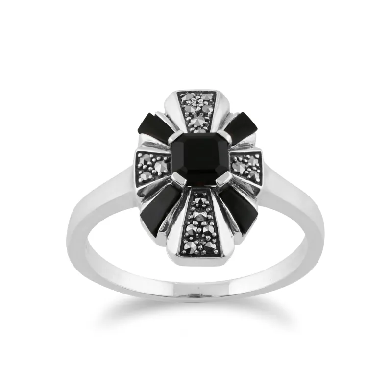 Gemondo 925 Sterling Silver Art Deco Black Onyx & Marcasite Ring sold by Gemondo Jewellery