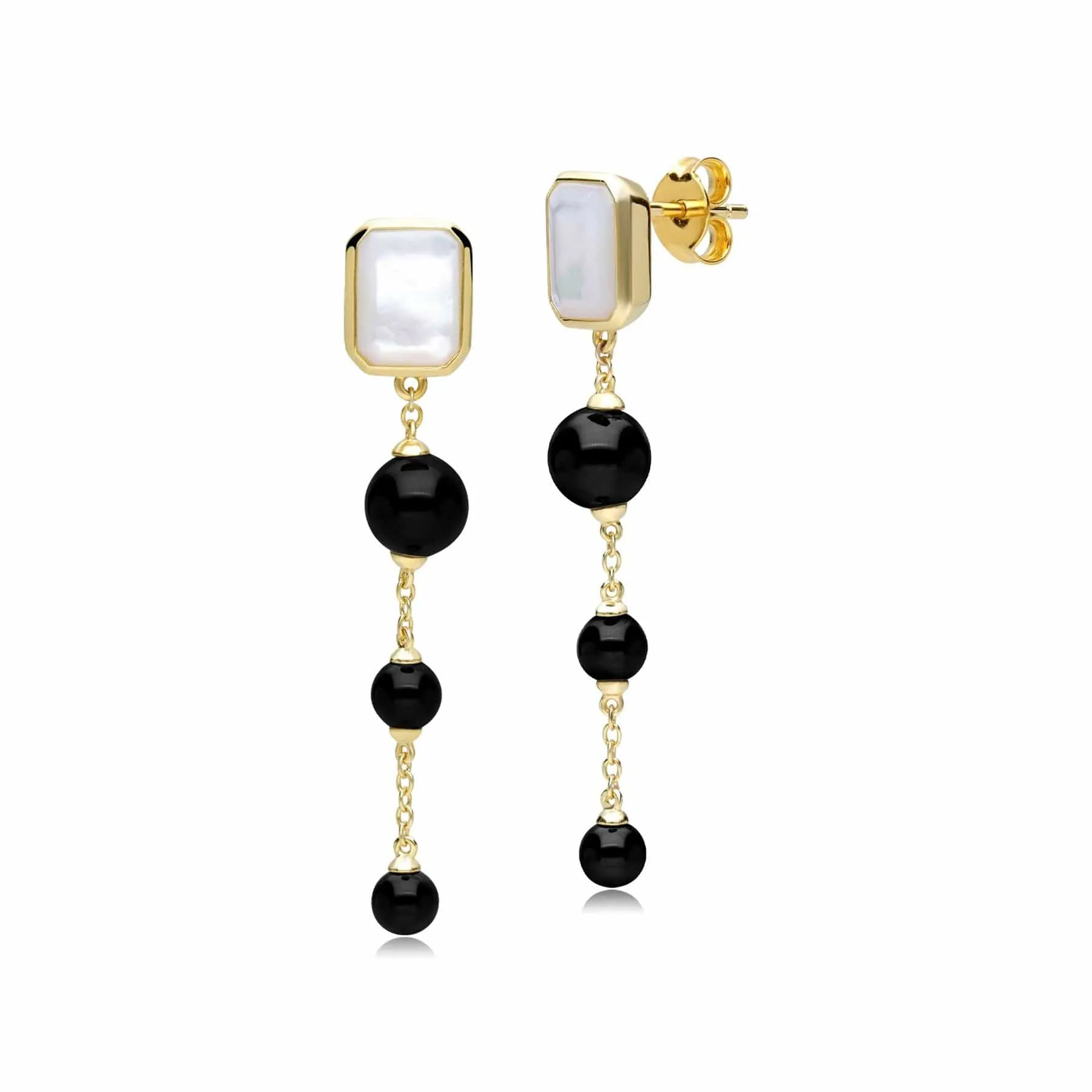 ECFEW™ Unifier Mother of Pearl & Onyx Dangle Drop Earrings in Gold Plated Sterling Silver sold by Gemondo Jewellery