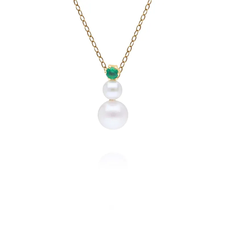 Modern Pearl & Round Emerald Drop Pendant in 9ct Yellow Gold sold by Gemondo Jewellery