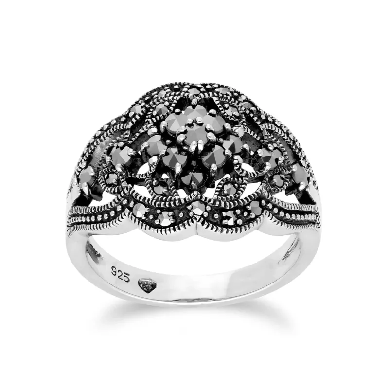 Art Nouveau Style Round Marcasite Cluster Ring in 925 Sterling Silver sold by Gemondo Jewellery