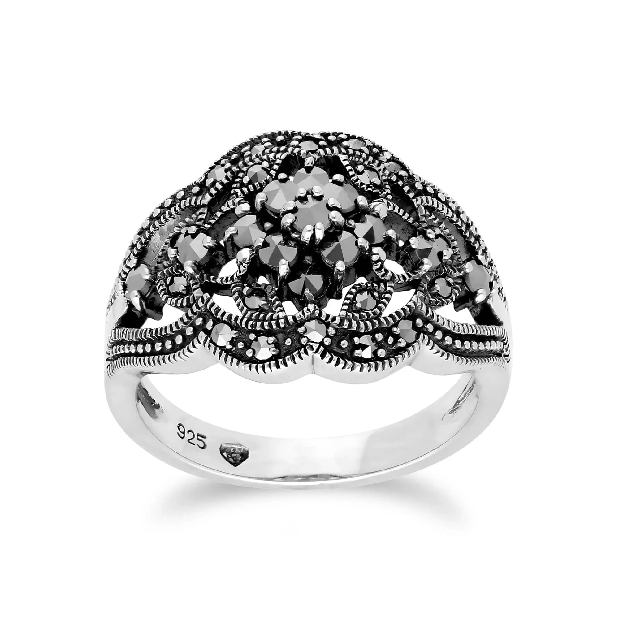 Art Nouveau Style Round Marcasite Cluster Ring in 925 Sterling Silver sold by Gemondo Jewellery