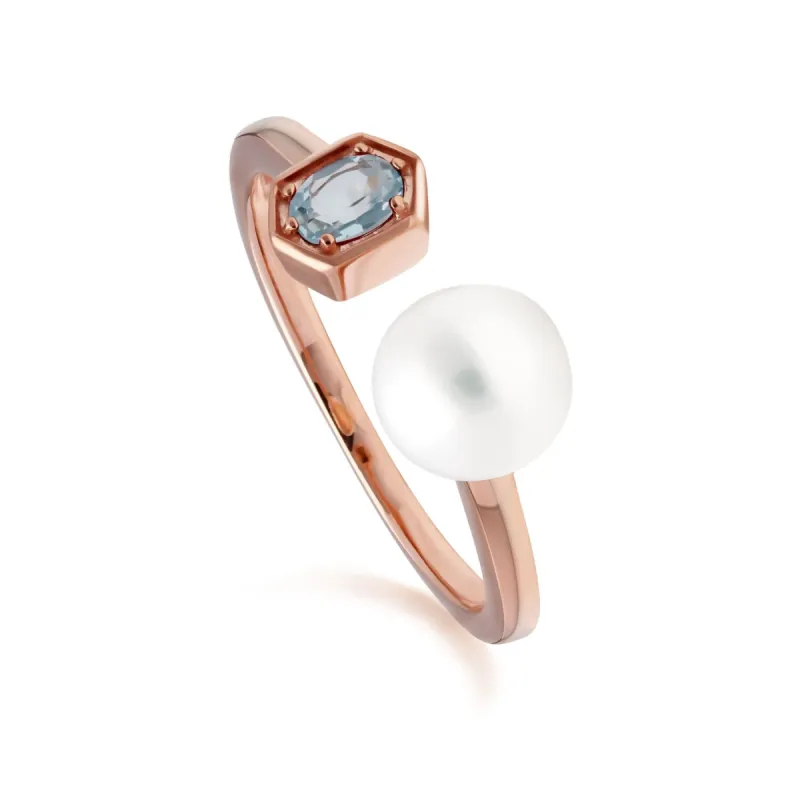 Modern Pearl & Blue Topaz Open Ring in Rose Gold Plated Silver sold by Gemondo Jewellery