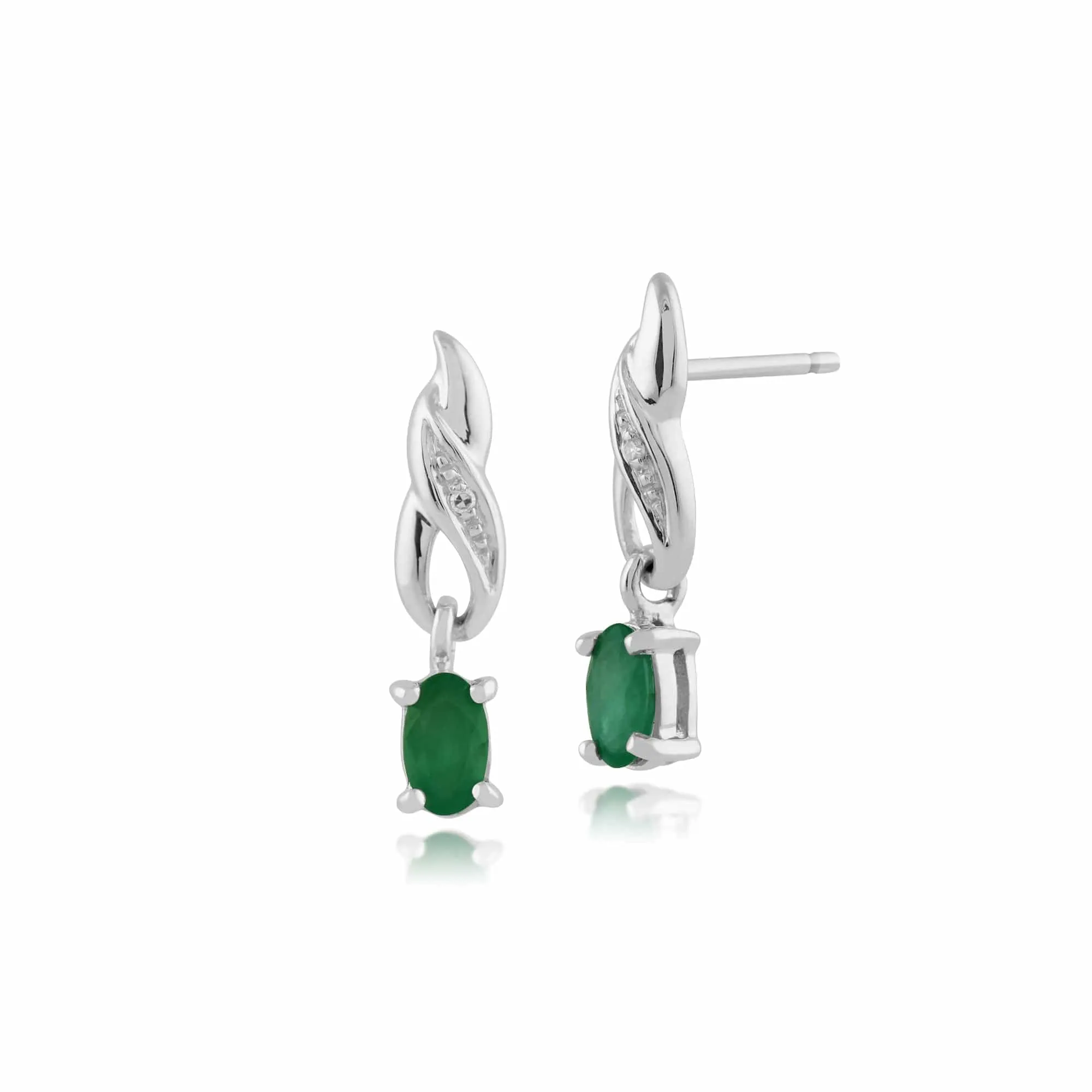Classic Emerald & Diamond Swirl Drop Earrings in 9ct White Gold sold by Gemondo Jewellery