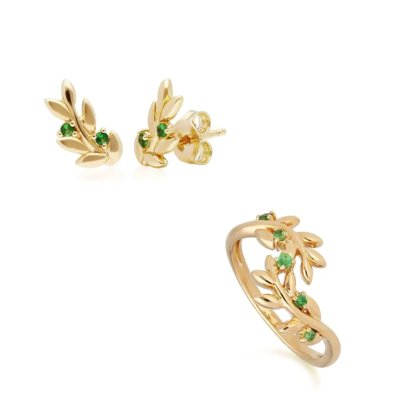 O Leaf Tsavorite Stud Earring & Ring Set in Gold Plated 925 Sterling Silver sold by Gemondo Jewellery