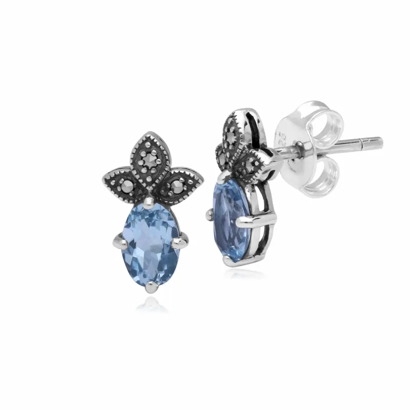 Art Deco Style Oval Blue Topaz & Marcasite Stud Earrings In Sterling Silver sold by Gemondo Jewellery