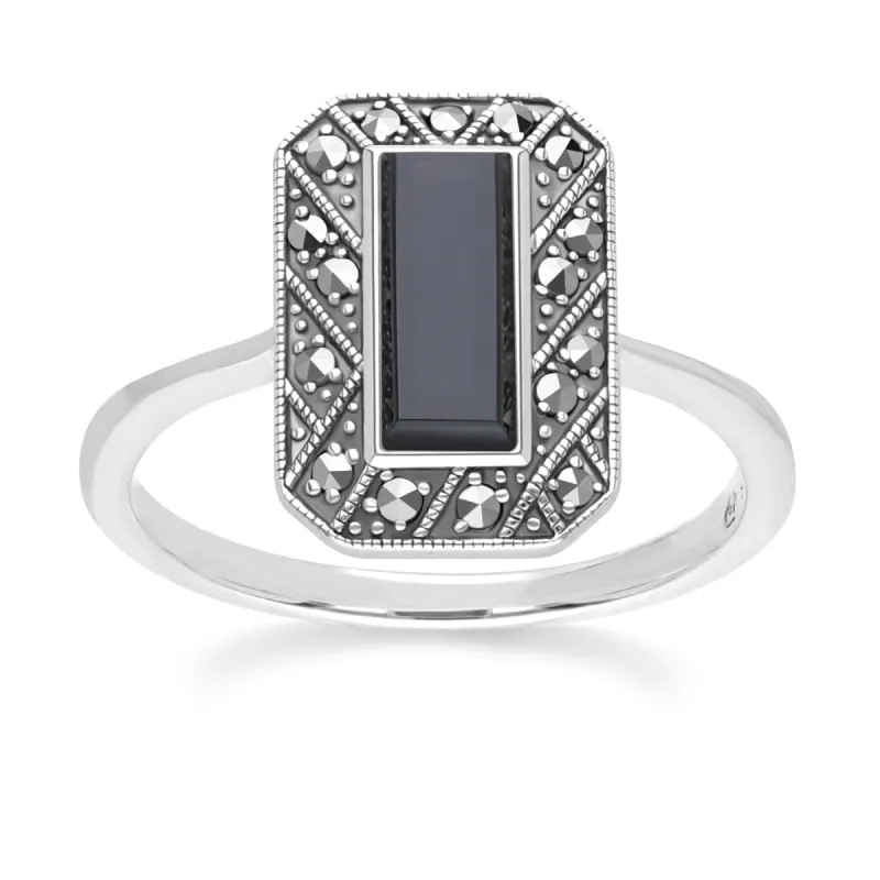 Art Deco Style Rectangle Onyx and Marcasite Ring in Sterling Silver sold by Gemondo Jewellery