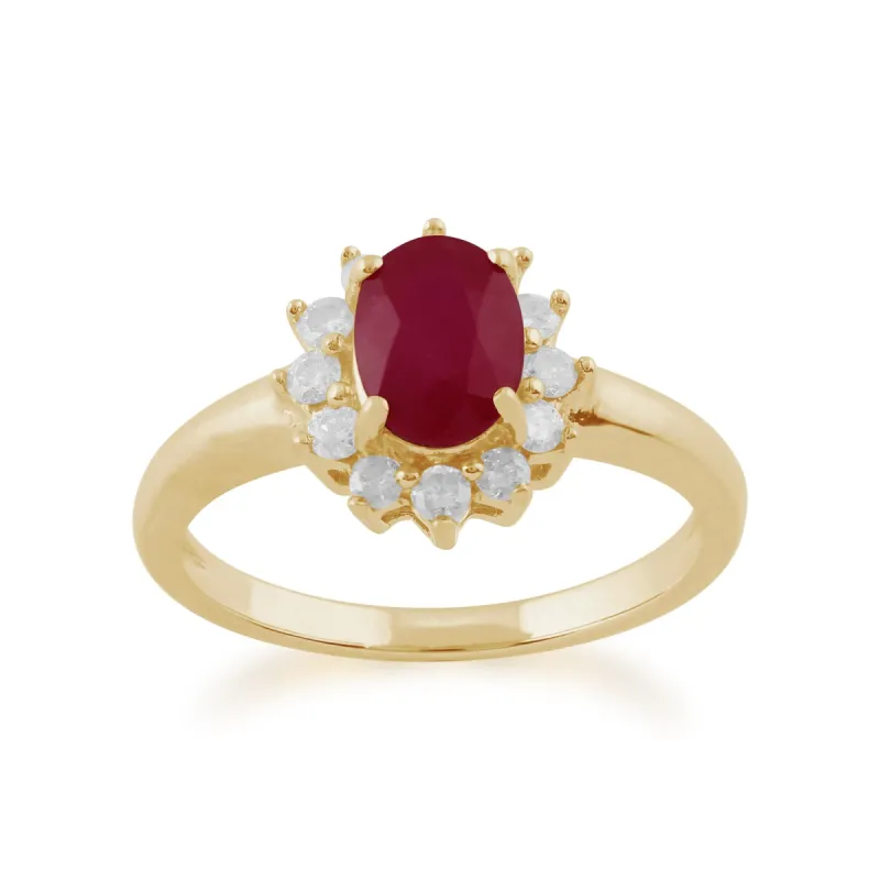Classic Oval Ruby & Diamond Cluster Ring in 9ct Yellow Gold sold by Gemondo Jewellery