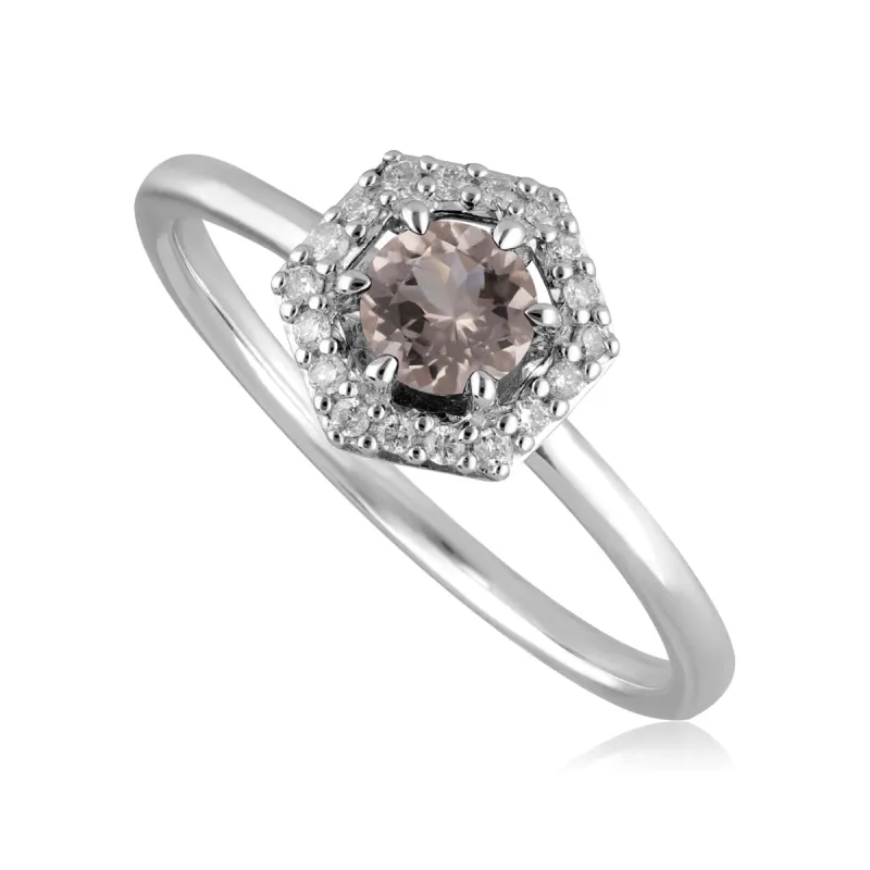 9ct White Gold 0.556ct Morganite & Diamond Halo Hexagon Ring sold by Gemondo Jewellery