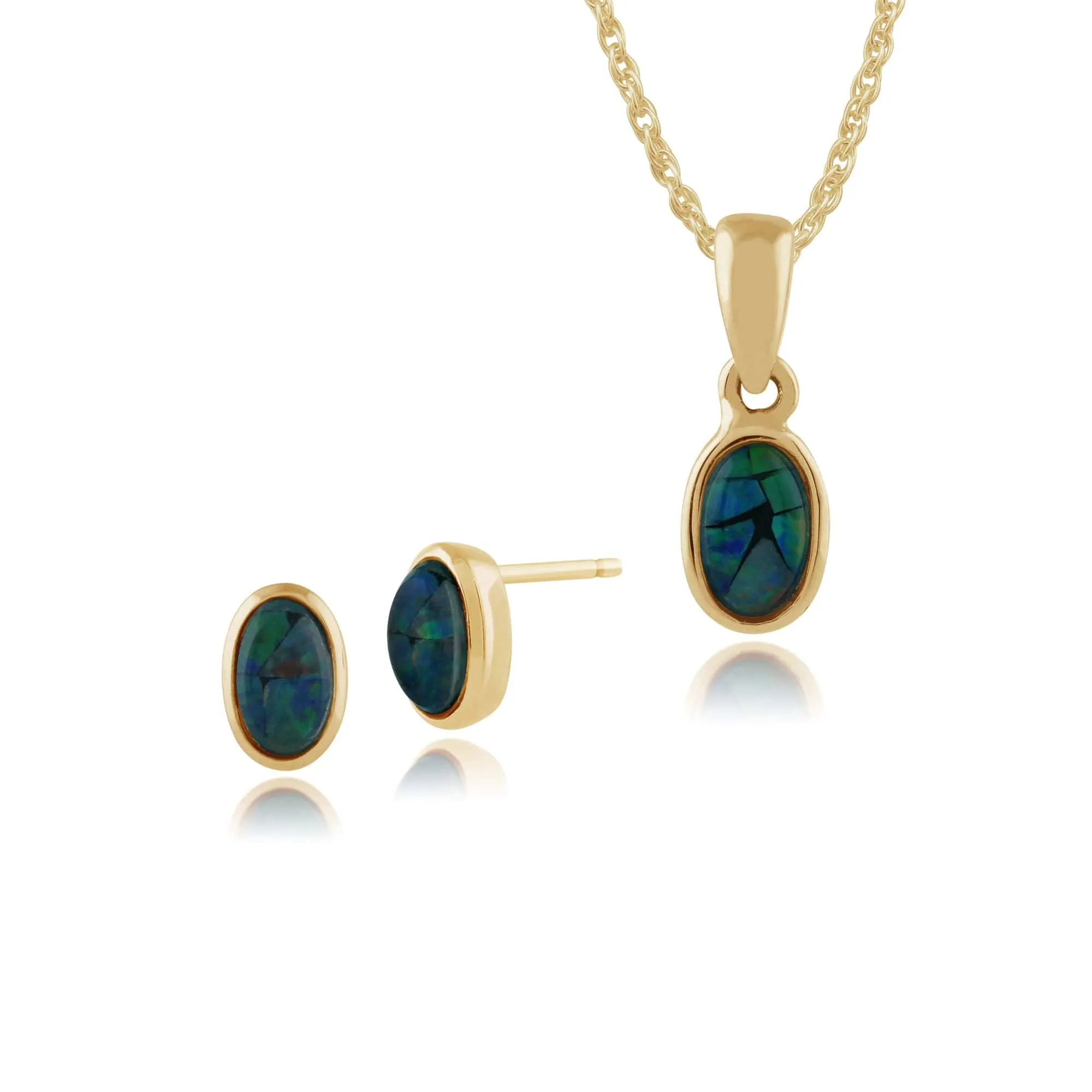 Classic Oval Triplet Opal Bezel Stud Earrings & Pendant Set in 9ct Yellow Gold sold by Gemondo Jewellery