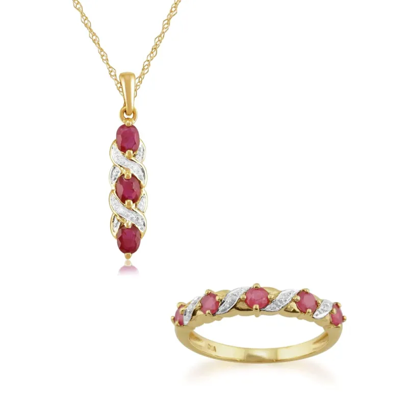 Classic Round Ruby & Diamond Twist Pendant & Half Eternity Ring Set in 9ct Yellow Gold sold by Gemondo Jewellery