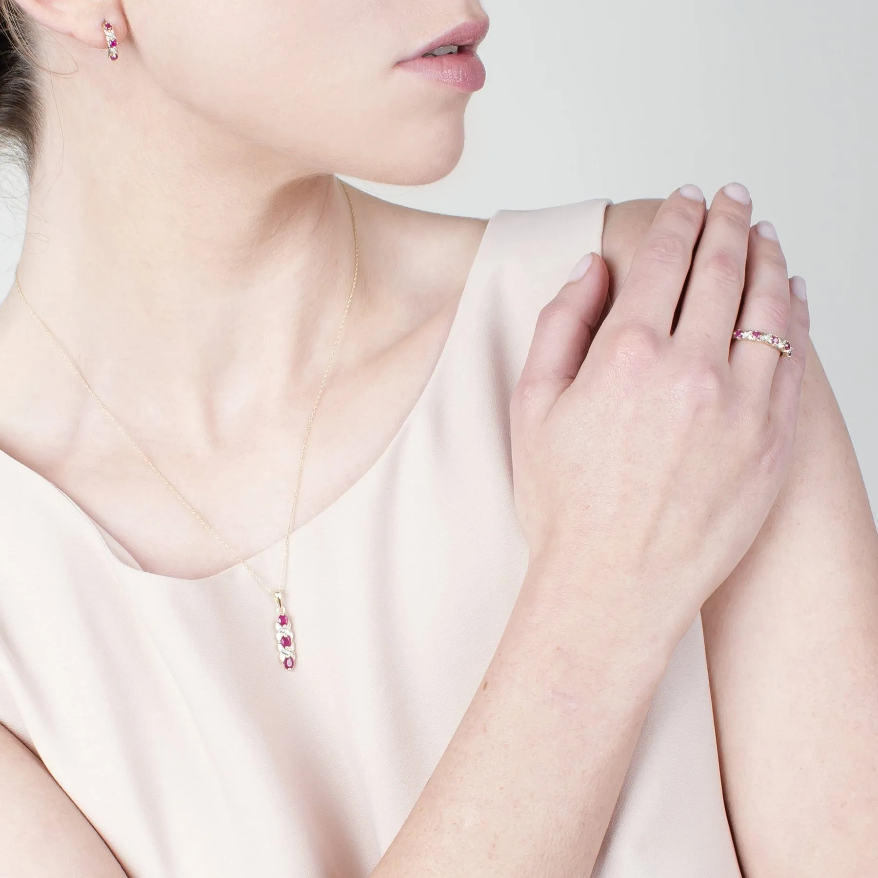 Classic Round Ruby & Diamond Twist Pendant & Half Eternity Ring Set in 9ct Yellow Gold sold by Gemondo Jewellery product image thumbnail 2