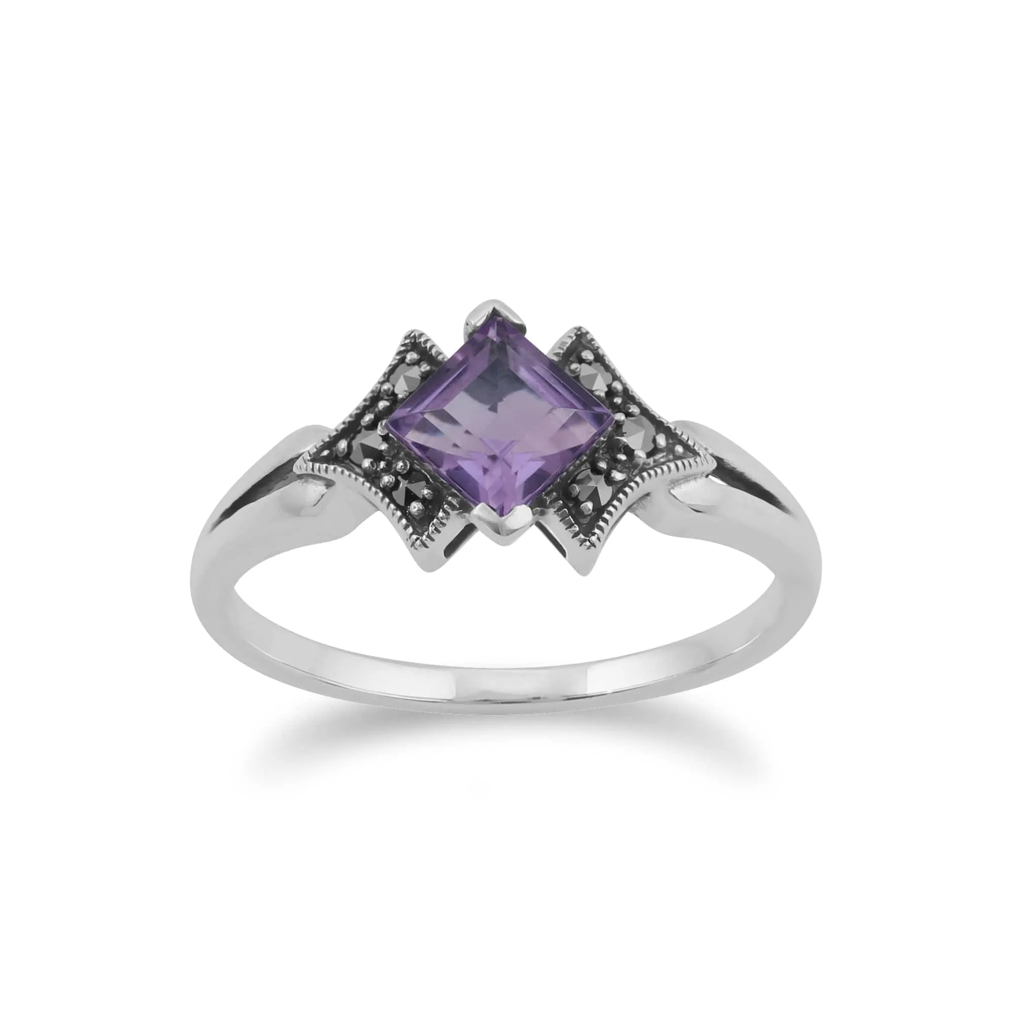 Art Deco Style Square Amethyst & Marcasite Ring in 925 Sterling Silver sold by Gemondo Jewellery