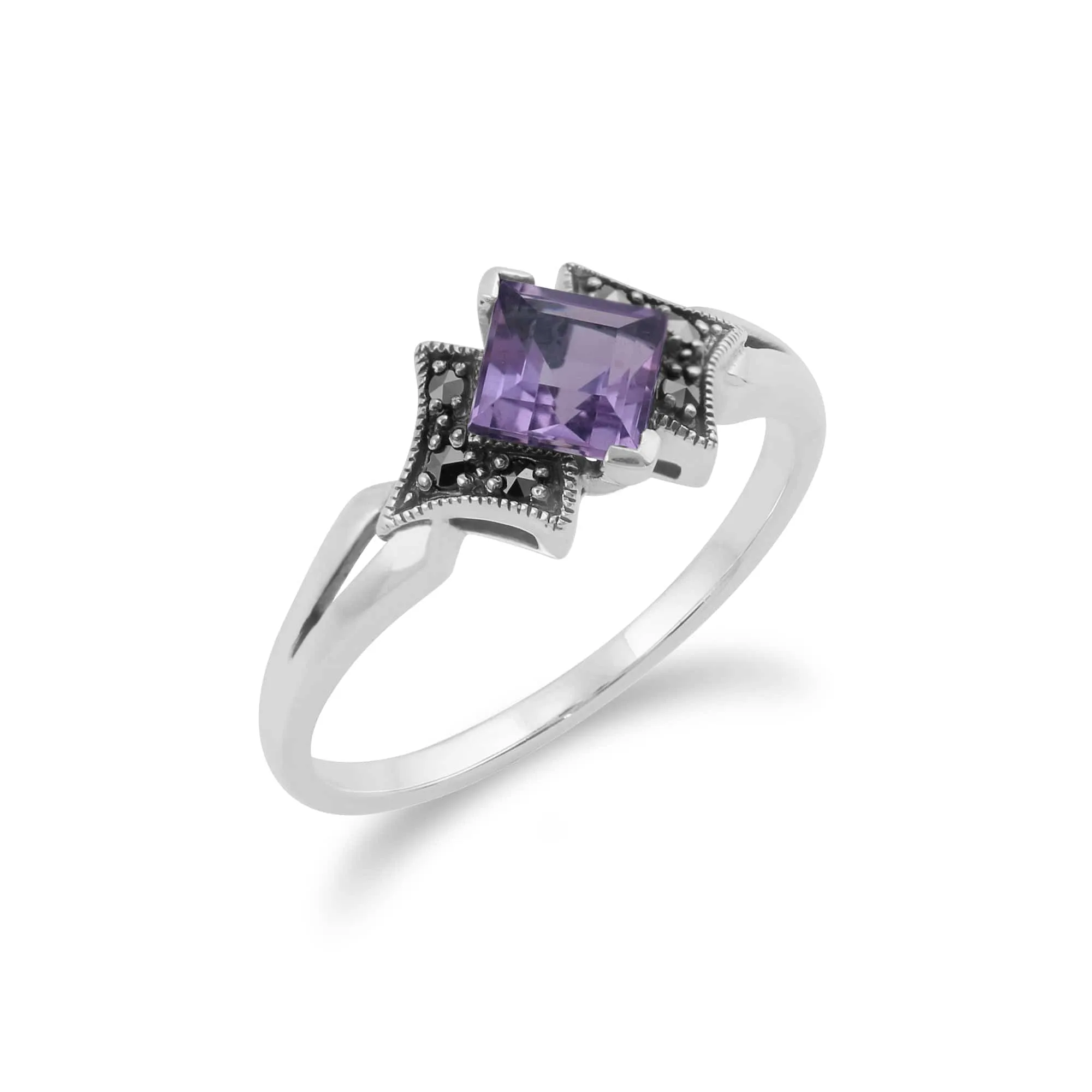 Art Deco Style Square Amethyst & Marcasite Ring in 925 Sterling Silver sold by Gemondo Jewellery product image thumbnail 2