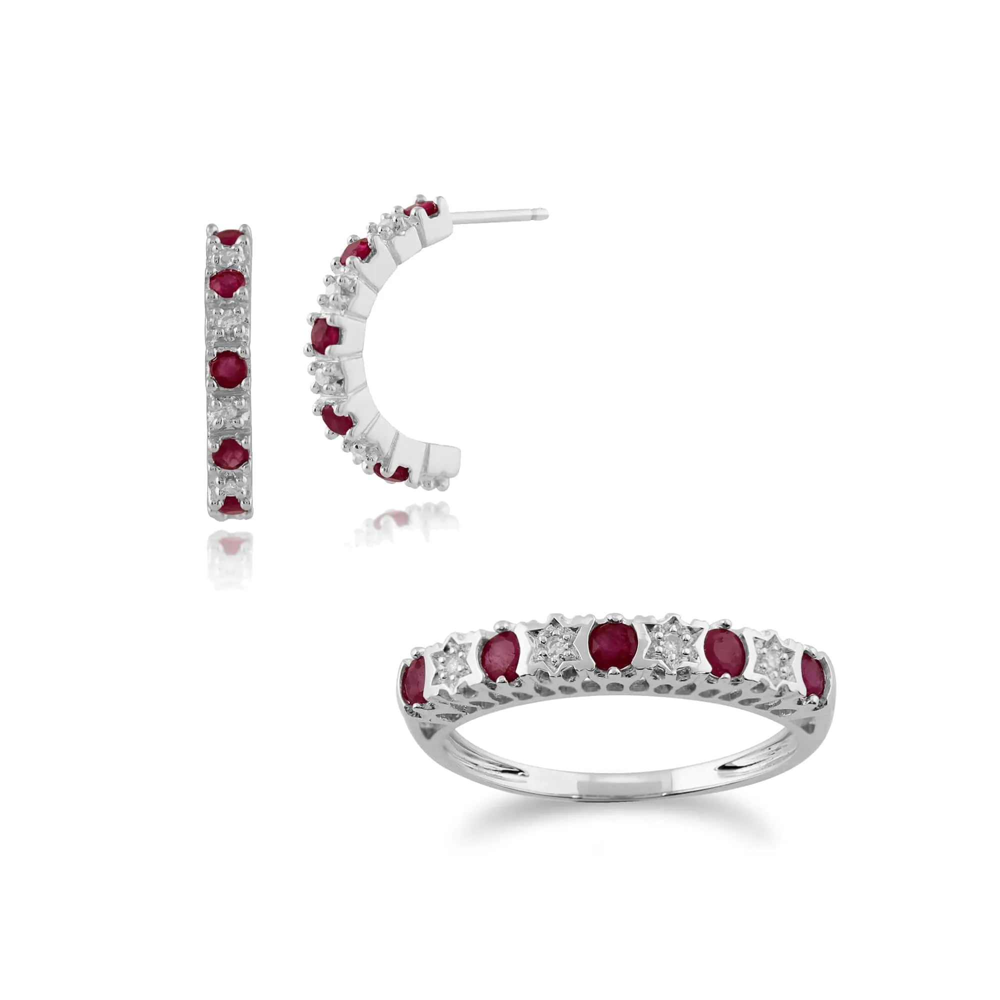 Classic Round Ruby & Diamond Half Hoop Earrings & Half Eternity Ring Set in 9ct White Gold sold by Gemondo Jewellery