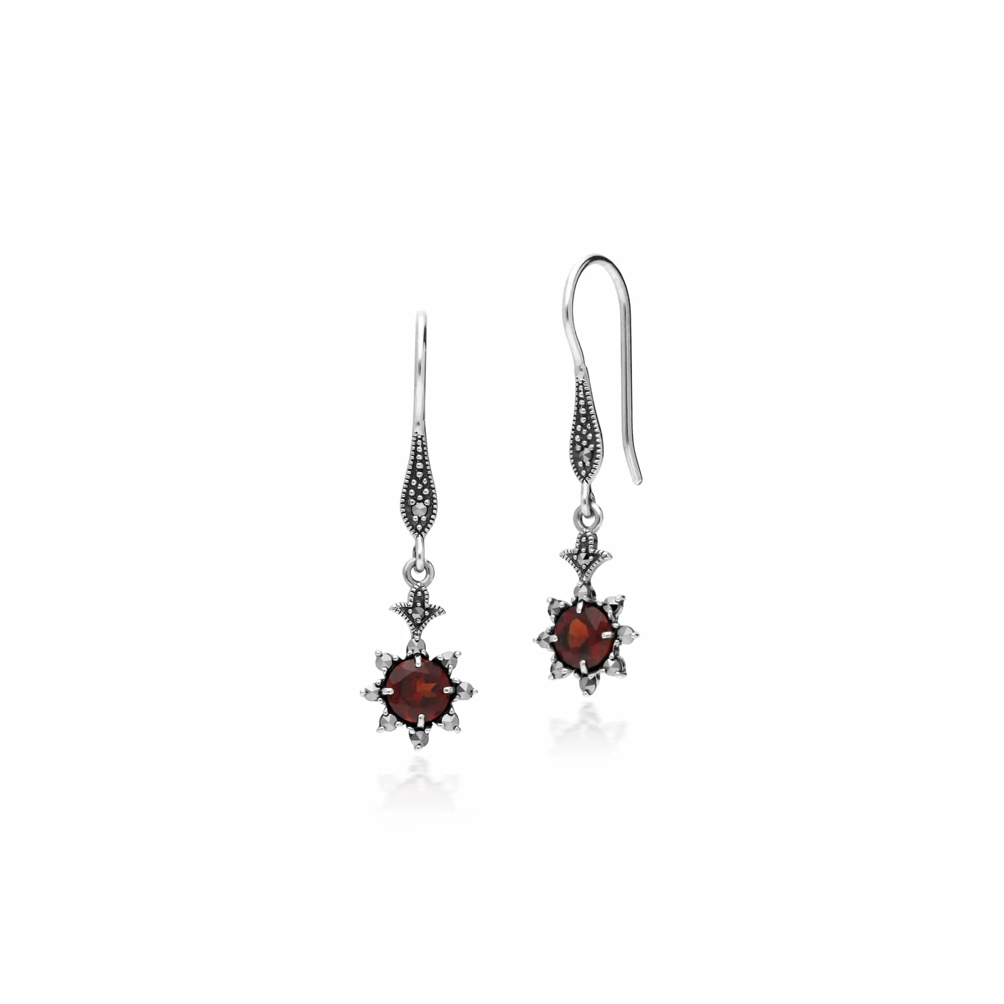 Floral Round Garnet & Marcasite Drop Earrings in 925 Sterling Silver sold by Gemondo Jewellery