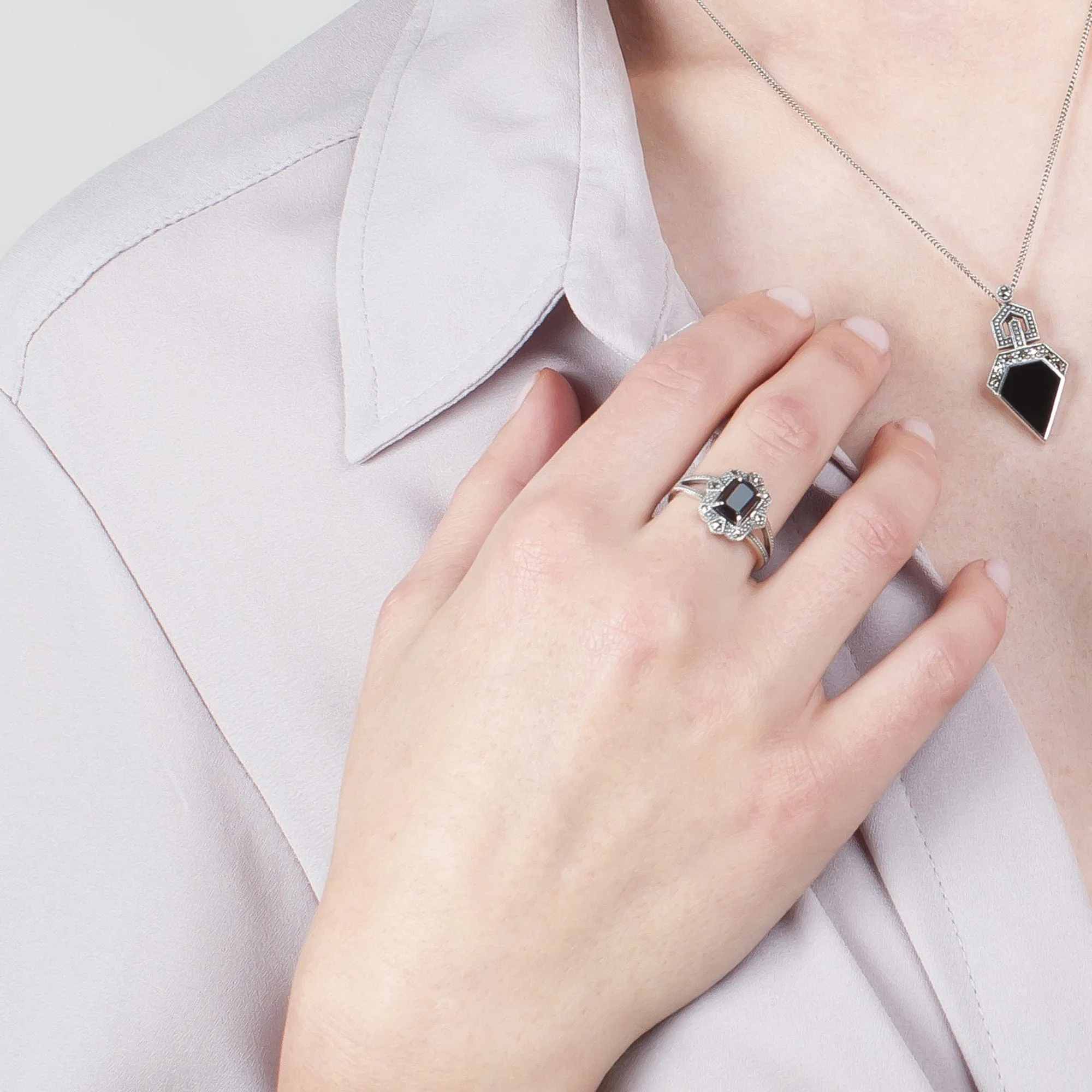 Art Deco Style Irregular Cut Onyx and Marcasite Pendant in 925 Sterling Silver sold by Gemondo Jewellery product image thumbnail 2