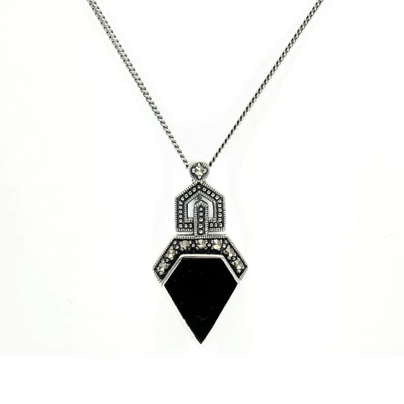 Art Deco Style Irregular Cut Onyx and Marcasite Pendant in 925 Sterling Silver sold by Gemondo Jewellery