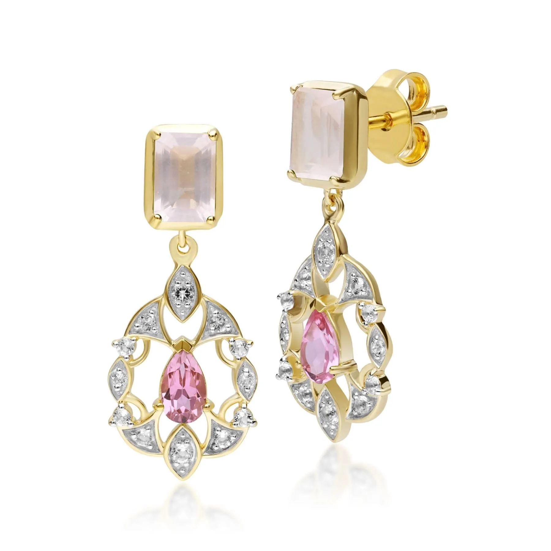 ECFEW™ Creator Rose Quartz, Tourmaline & White Topaz Earrings in Gold Plated Sterling Silver sold by Gemondo Jewellery