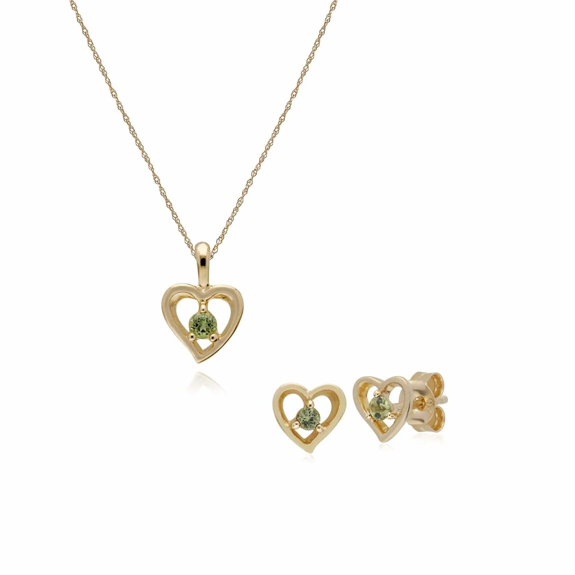 Classic Round Peridot Single Stone Heart Stud Earrings & Necklace Set in 9ct Yellow Gold sold by Gemondo Jewellery