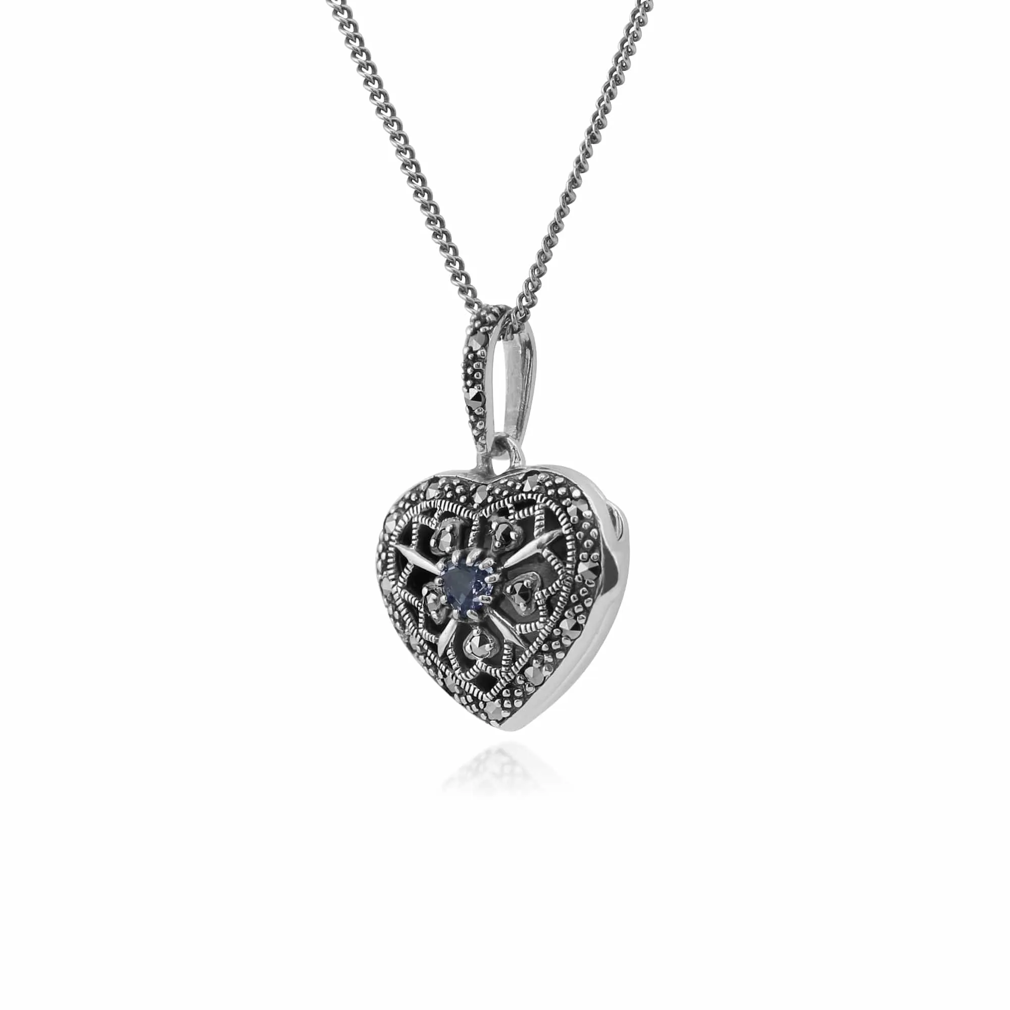 Art Nouveau Style Round Tanzanite & Marcasite Heart Necklace in 925 Sterling Silver sold by Gemondo Jewellery product image thumbnail 2