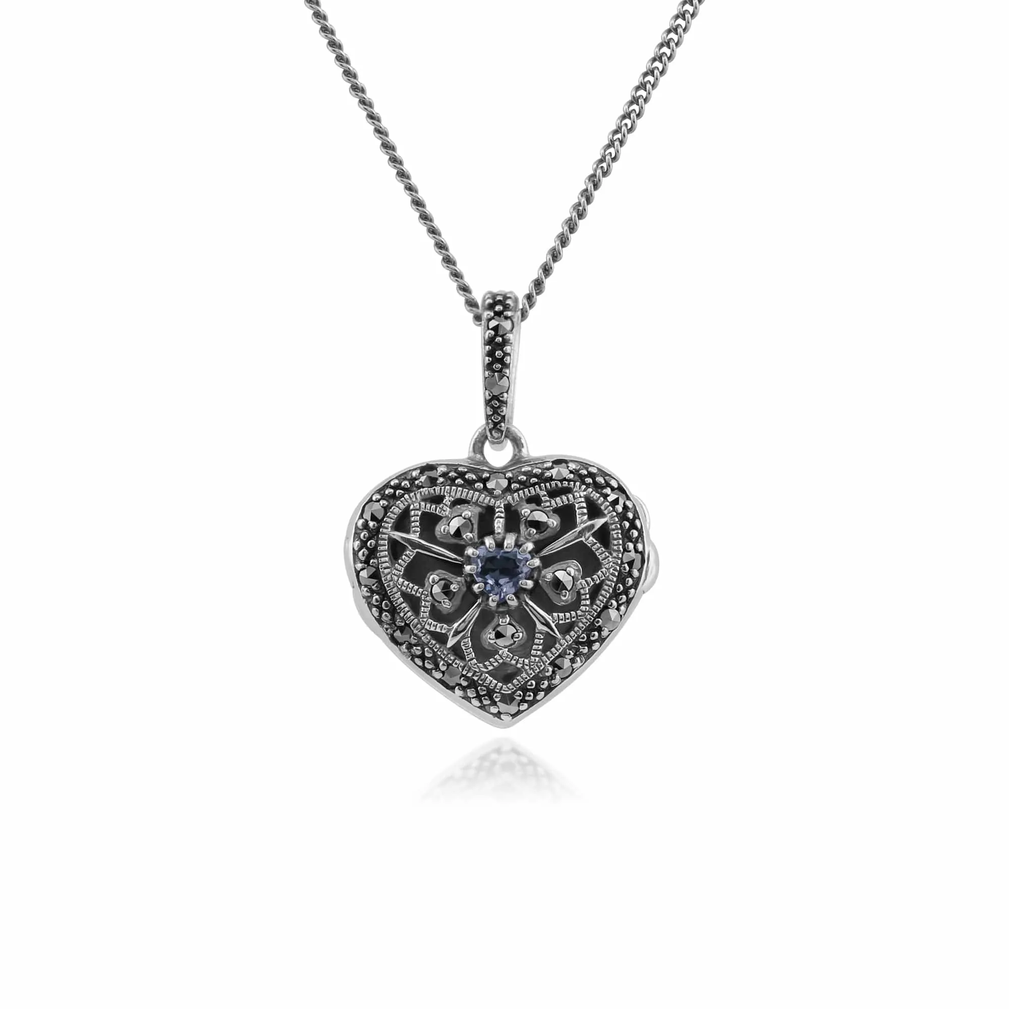 Art Nouveau Style Round Tanzanite & Marcasite Heart Necklace in 925 Sterling Silver sold by Gemondo Jewellery