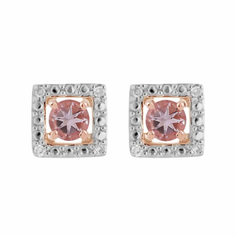 Classic Round Morganite Stud Earrings with Detachable Diamond Square Ear Jacket in 9ct Rose Gold sold by Gemondo Jewellery